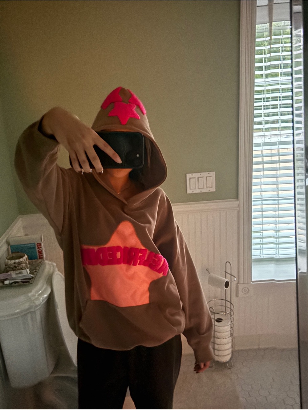 Aelfric Eden Brown Hoodie with Pink Star and Neon Patch
